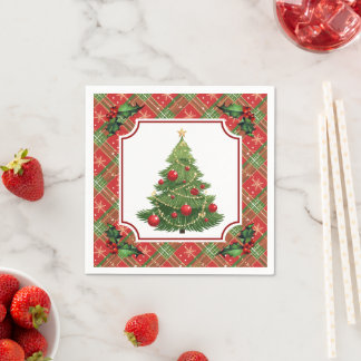 Guardanapo De Papel Christmas Tree Red Plaid with Holly
