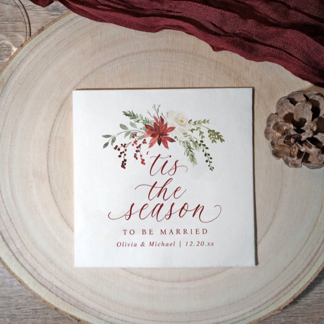 Guardanapo De Papel Christmas Winter December Tis the Season Wedding (Elegant Christmas wedding napkin with “’Tis the Season to Be Married” and watercolor florals.)