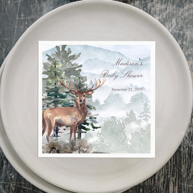 Guardanapo De Papel Chuva Colorida Floresta Cérvido Baby Shower (Watercolor Woodland Forest Stag Baby Shower Napkins)