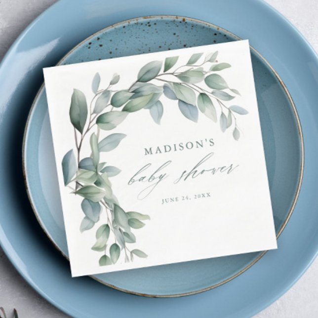 Guardanapo De Papel Chuva de Bebê com Verde de Eucalipto (Elegant Eucalyptus Greenery Script Baby Shower Napkins.)