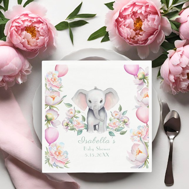 Guardanapo De Papel Chuva de Bebê Elefante com Peônias e Balões (Add whimsy and charm to your baby shower with these delightful napkins!)