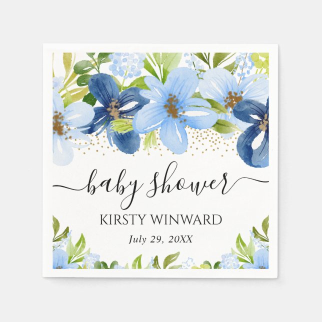 Guardanapo De Papel Chuva de Bebê Flores de Verão Azul Aquarela (Frente)