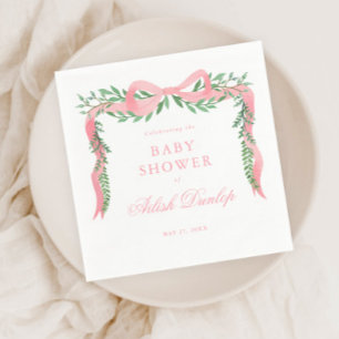 Guardanapo De Papel Chuva de Bebê Menina com Laço Rosa Elegante e Folh