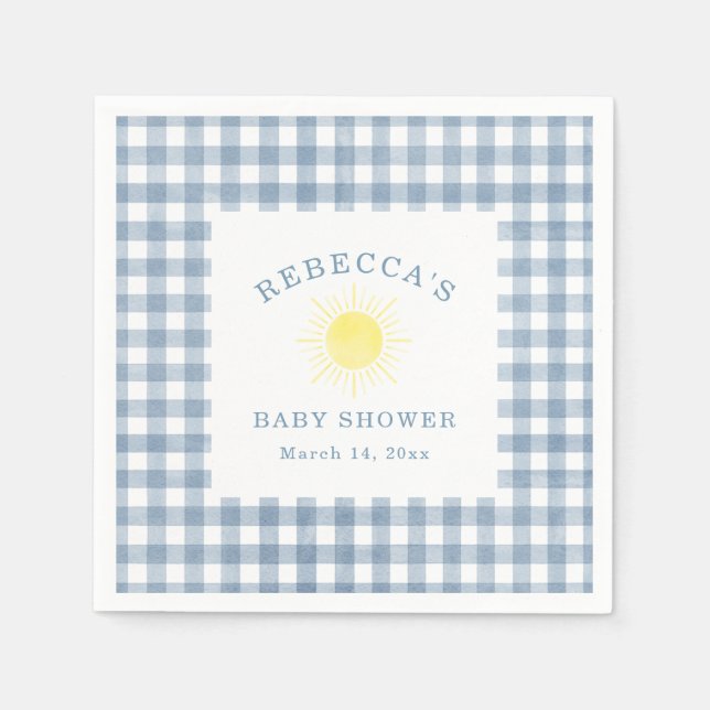 Guardanapo De Papel Chuva de Bebê Menino com Gingham Azul e Sol Amarel (Frente)