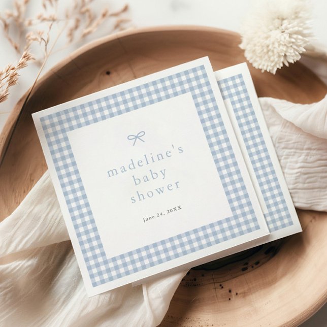 Guardanapo De Papel Chuva de Bebê Meninos Azul Empoeirado Laço Simples (Dusty blue bow gingham boys baby shower napkins.)