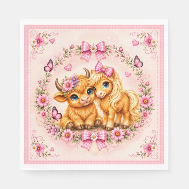 Guardanapo De Papel Chuva de Bebê Vaqueira Rosa e Vaca das Terras Alta (Frente)