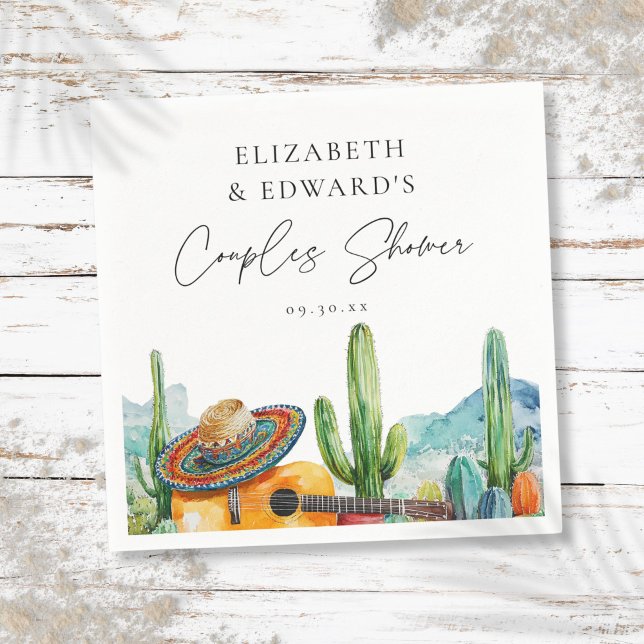 Guardanapo De Papel Chuva de Casal com Cacto Mexicano em Aquarela (Watercolor Mexican Cactus Fiesta Couples Shower Napkins)