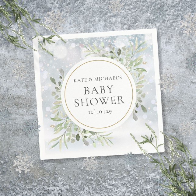 Guardanapo De Papel Chuva de neve de inverno Chá de bebê (Winter Snowflakes Greenery Baby Shower Napkins)