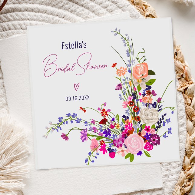 Guardanapo De Papel Chuva de noiva com flores silvestres modernas e el (Modern chic wild flowers script bridal shower napkins)