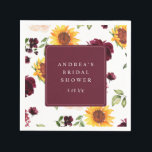 Guardanapo De Papel Chuva de Noiva de Outono Girassóis & Rosas Bordeau<br><div class="desc">Torne o chá de noiva do outono um evento verdadeiramente personalizado com nossas guardanapos Floral Sunflowers e Burgundy Roses. Estas guardanapos requintadas apresentam um design encantador de girassóis,  rosas burgundy ricas e folhagens exuberantes,  capturando a essência da beleza da estação.</div>