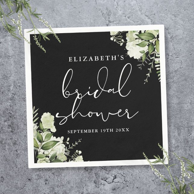 Guardanapo De Papel Chuva de Noiva Elegante Preto e Branco com Folhage (Greenery Elegant Black And White Bridal Shower Napkins)