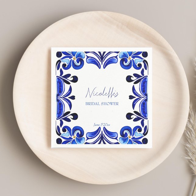 Guardanapo De Papel Chuva de noiva em Azul Francês com azulejos Medite (French Blue Mediterranean Spanish tiles bridal shower printed Napkins template personalized tablewar)