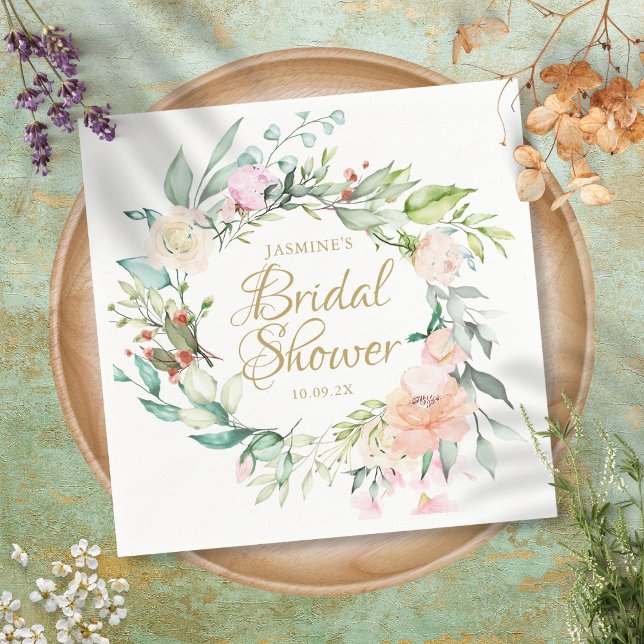 Guardanapo De Papel Chuva de Noiva Rosa Floral Dourado Script (Criador carregado)