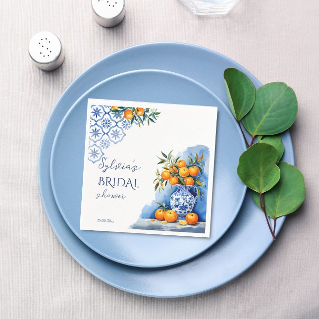 Guardanapo De Papel Chuva de noiva Talavera azul chinoiserie cítrico (Talavera blue chinoiserie vase oranges citrus Spanish Hacienda summer bridal shower printed napkins)
