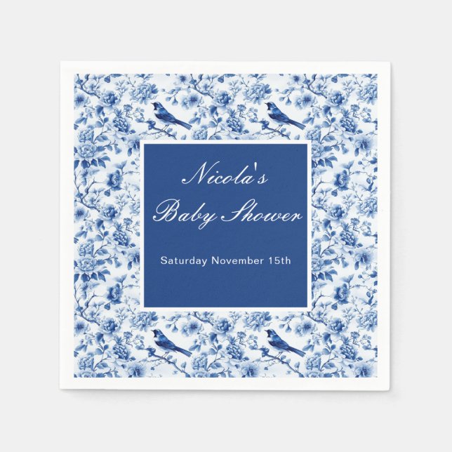 Guardanapo De Papel Chuveiro de Bebê Chinoiserie Azul Pássaros e Flore (Frente)