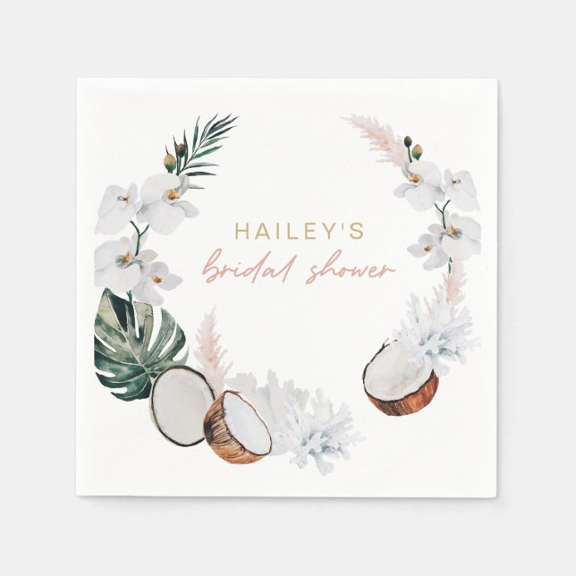 Guardanapo De Papel Chuveiro de Noiva Rosa Tropical Palmeira Pampas (Frente)