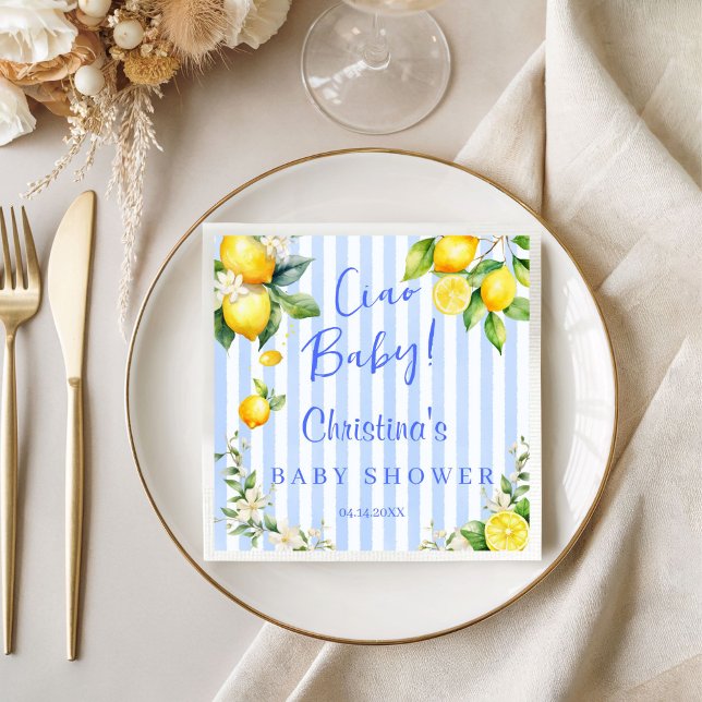Guardanapo De Papel Ciao Baby Blue Lemons Chã de Bebê (Blue Citrus Lemons Ciao Baby Napkins)
