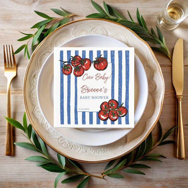 Guardanapo De Papel Ciao baby tomato blue stripes Italian baby shower (Ciao baby cherry tomato blue stripes Italian farmers market baby shower personalized printed Napkins)