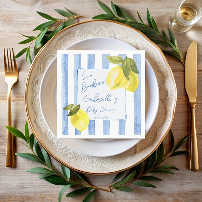 Guardanapo De Papel Ciao Bambino Blue stripes limons chá de fraldas (Ciao bambino Italian baby shower blue stripes lemons monogrammed napkins personalized table decor)