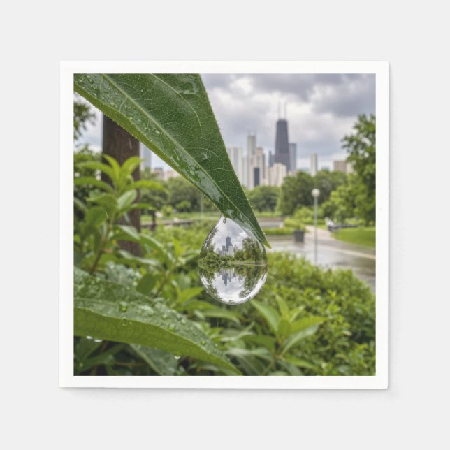 Guardanapo De Papel Cidade de Chicago Refletida numa Gota de Chuva (Frente)