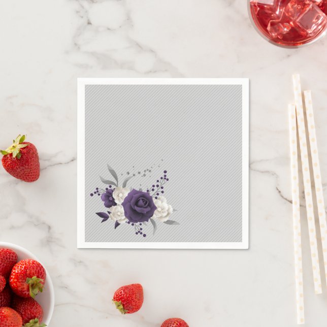 Guardanapo De Papel cinza de flores brancas roxas empoeiradas (Insitu)