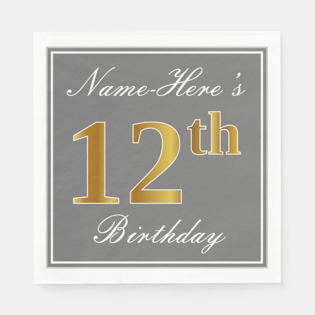 Guardanapo De Papel Cinza Elegante, Faux Dourado Birthday; Nome Person (Frente)