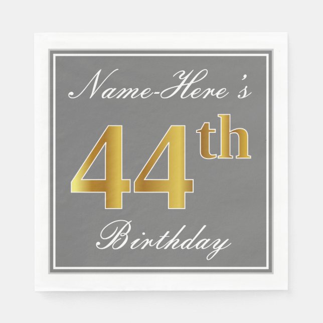 Guardanapo De Papel Cinza Elegante, Faux Dourado Birthday; Nome Person (Frente)