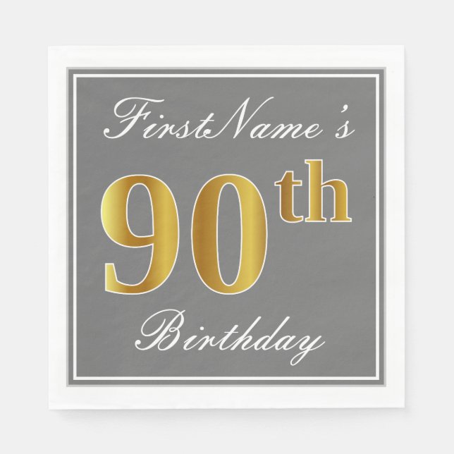Guardanapo De Papel Cinza Elegante, Faux Dourado Birthday; Nome Person (Frente)