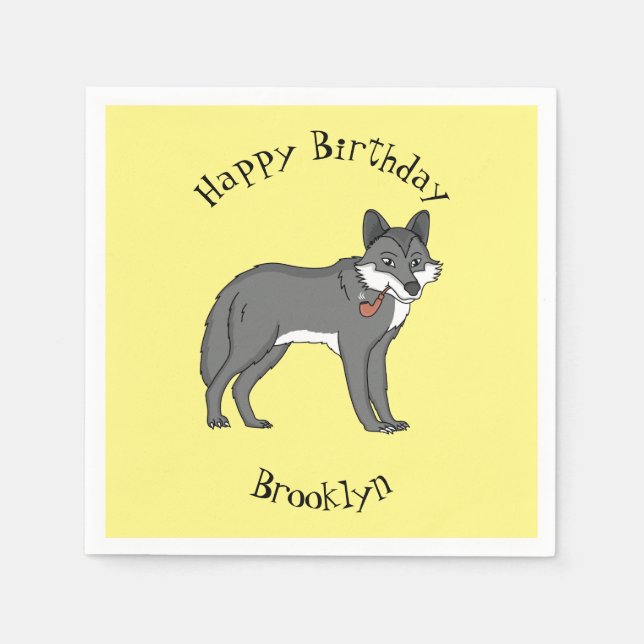 Guardanapo De Papel Cinza lobo com ilustração de desenho animado (Frente)