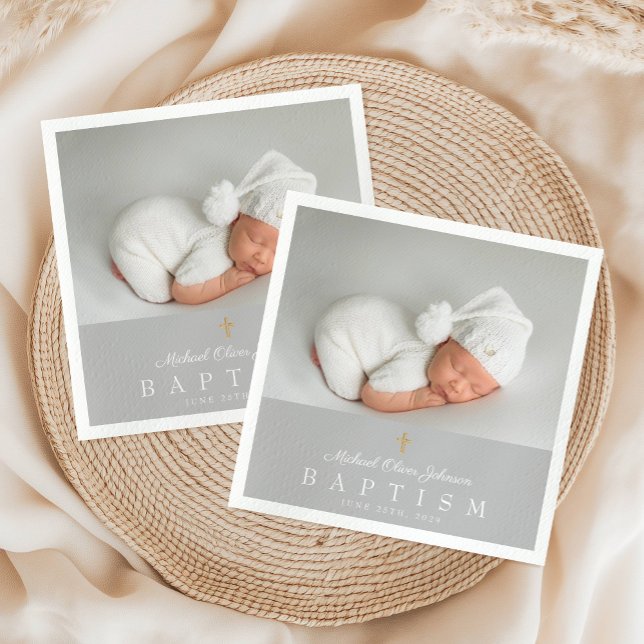 Guardanapo De Papel Cinza Religiosa Elegante Foto Batismo (Elegant Religious Cross Gray Photo Baptism Napkins)