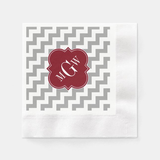 Guardanapo De Papel Cinza White Chevron Burgundy Quatrefoil 3 Monogram (Frente)