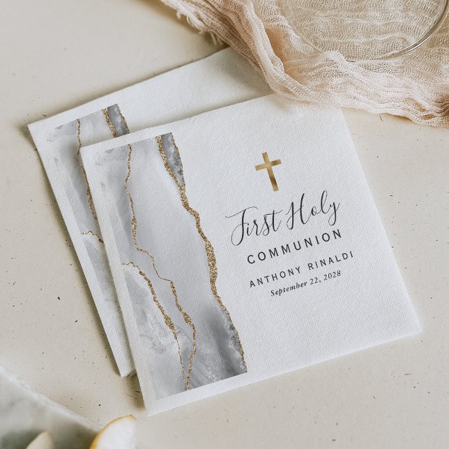 Guardanapo De Papel Cinza White Dourado Agate Primeira Comunhão Santa (Criador carregado)