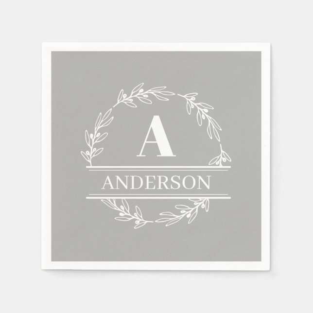 Guardanapo De Papel Cinza White Wreath Family Name Monograma (Frente)