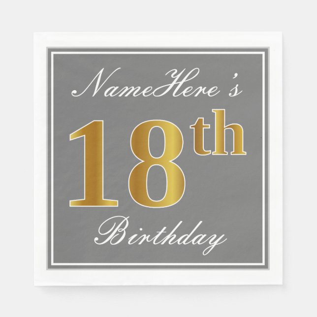 Guardanapo De Papel Cinzas Elegantes, Faux Dourado 18º Aniversário; No (Frente)