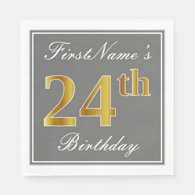 Guardanapo De Papel Cinzas Elegantes, Faux Dourado 24.o Aniversário; N (Frente)