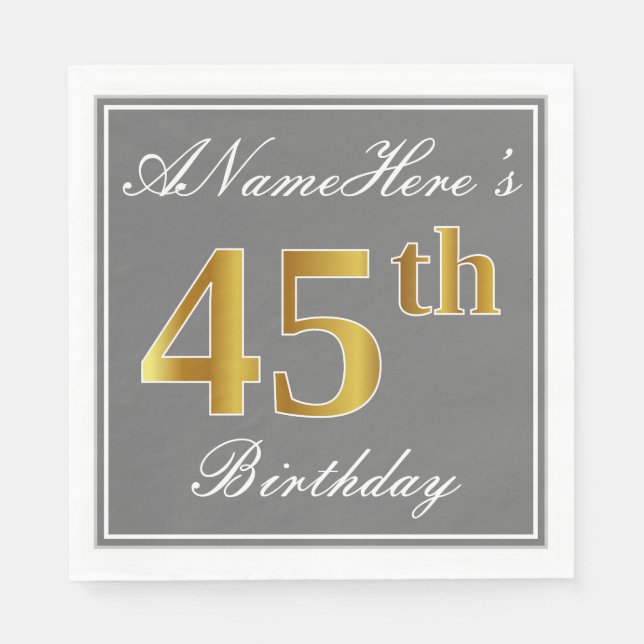 Guardanapo De Papel Cinzas Elegantes, Faux Dourado 45.o Aniversário; N (Frente)