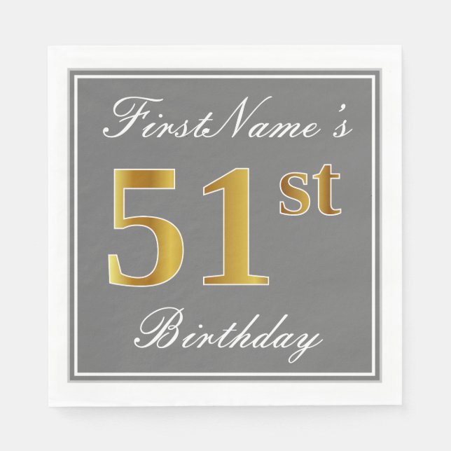 Guardanapo De Papel Cinzas Elegantes, Faux Dourado 51ruas Aniversário; (Frente)
