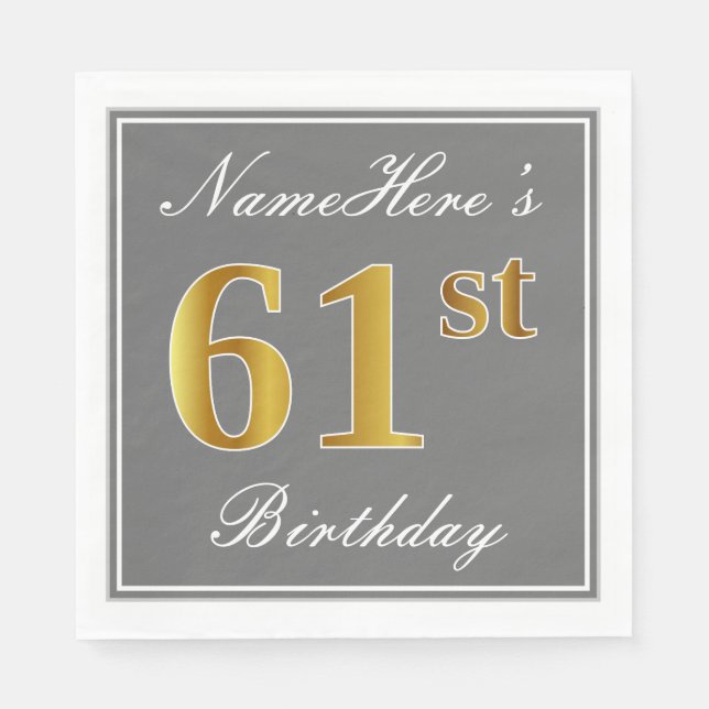 Guardanapo De Papel Cinzas Elegantes, Faux Dourado 61ruas Aniversário; (Frente)