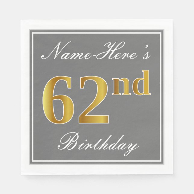 Guardanapo De Papel Cinzas Elegantes, Faux Dourado 62º Aniversário; No (Frente)