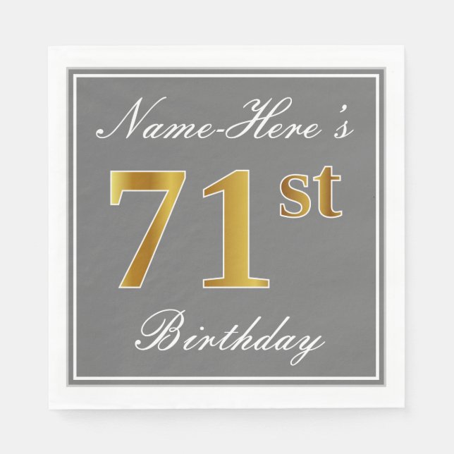Guardanapo De Papel Cinzas Elegantes, Faux Dourado 71ruas Aniversário; (Frente)
