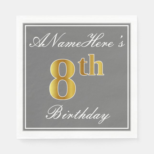 Guardanapo De Papel Cinzas Elegantes, Faux Dourado 8º Aniversário + No (Frente)