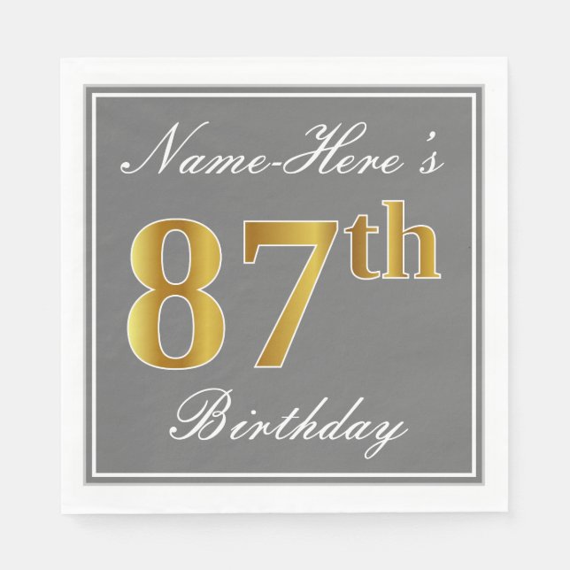 Guardanapo De Papel Cinzas Elegantes, Faux Dourado 87.o Aniversário; N (Frente)