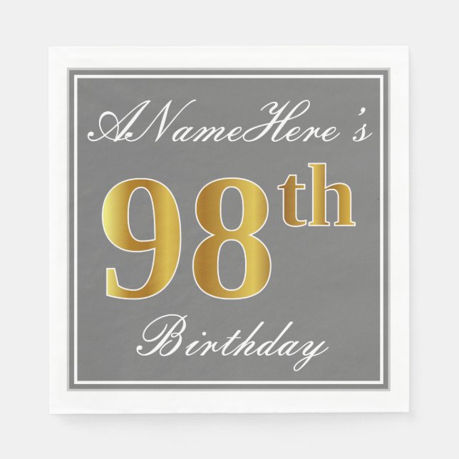 Guardanapo De Papel Cinzas Elegantes, Faux Dourado 98.o Aniversário; N (Frente)