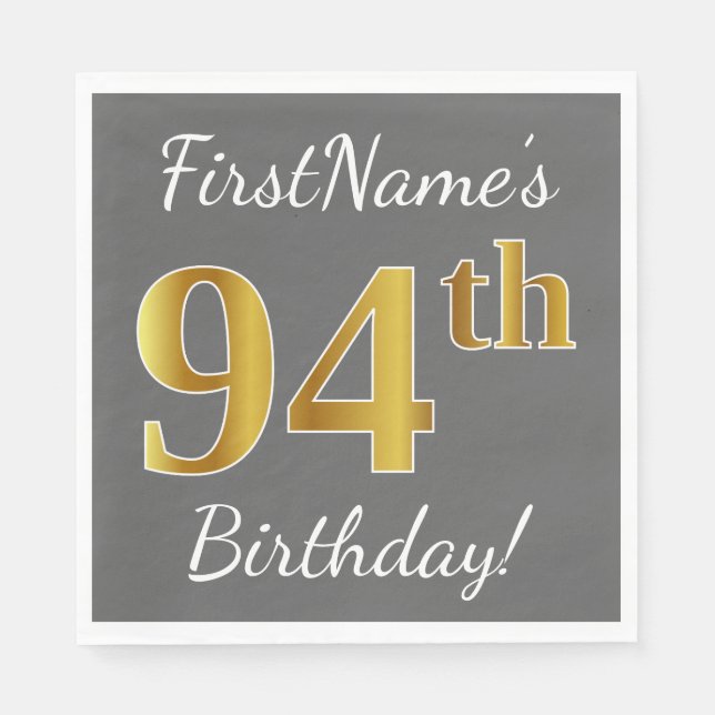 Guardanapo De Papel Cinzas, Faux Dourado 94.o Aniversário + Nome Perso (Frente)