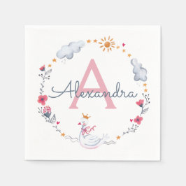 Guardanapo De Papel Cisne rosa fofo & coroa de flores com sol e monogr