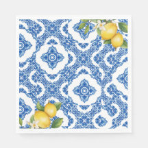 Citrus Lemon Blue Azulejo Bridal Paper Napkins
