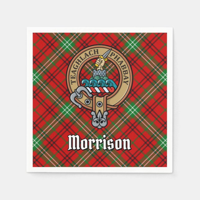 Guardanapo De Papel Clan Morrison Crest sobre o Red Tartan (Frente)