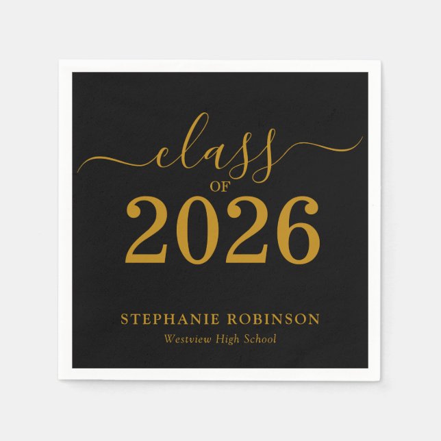 Guardanapo De Papel Class of 2026 Gold  Black Graduation  (Frente)