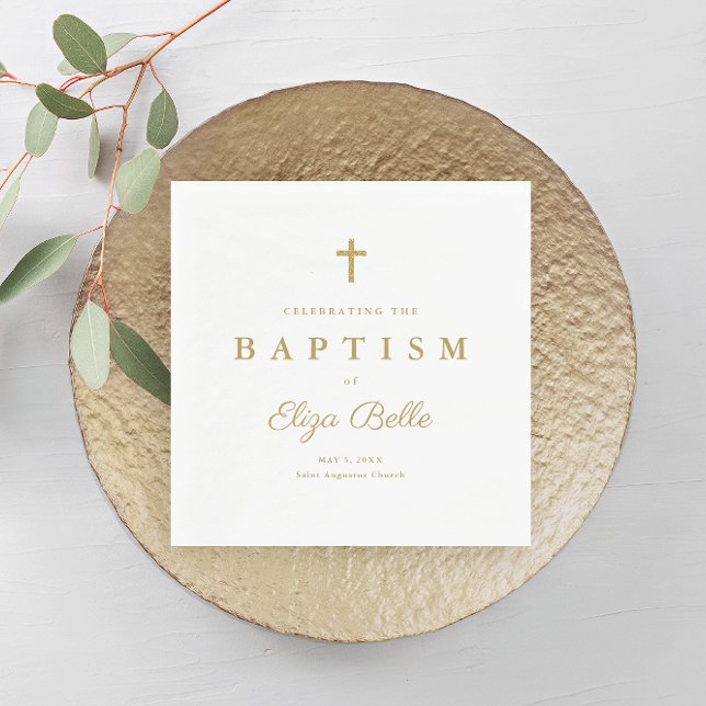 Guardanapo De Papel Classic Cruz Batismo Brilho Dourado (Elegant gold baptism napkin with script typography and simple cross. )
