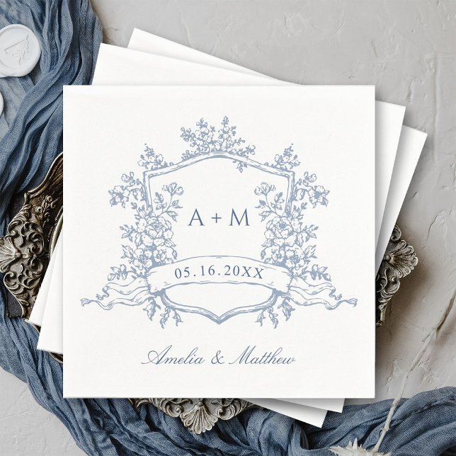 Guardanapo De Papel Classic Dusty Blue Floral Crest Monograms Wedding (Criador carregado)